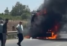 Hellim suyu yüklü tırda yangın